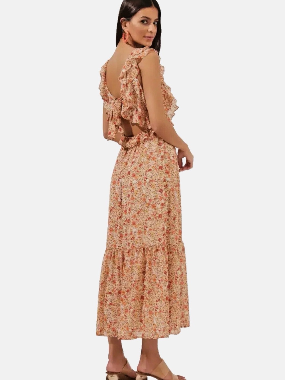 Astr the Label Open-Back Ruffled Midi Dress in Orange Ditsy Floral Print